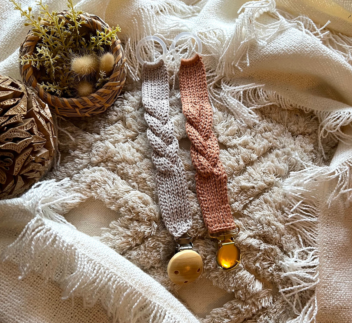 3 Crochet patterns, Pacifier holder with knit texture, Braided Pacifier holder, pacifier clip.