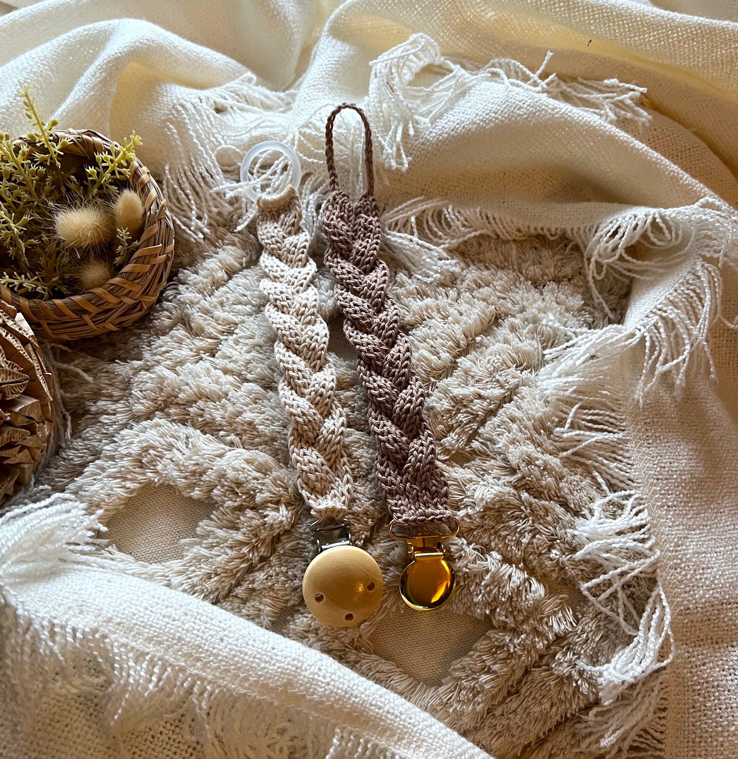 3 Crochet patterns, Pacifier holder with knit texture, Braided Pacifier holder, pacifier clip.