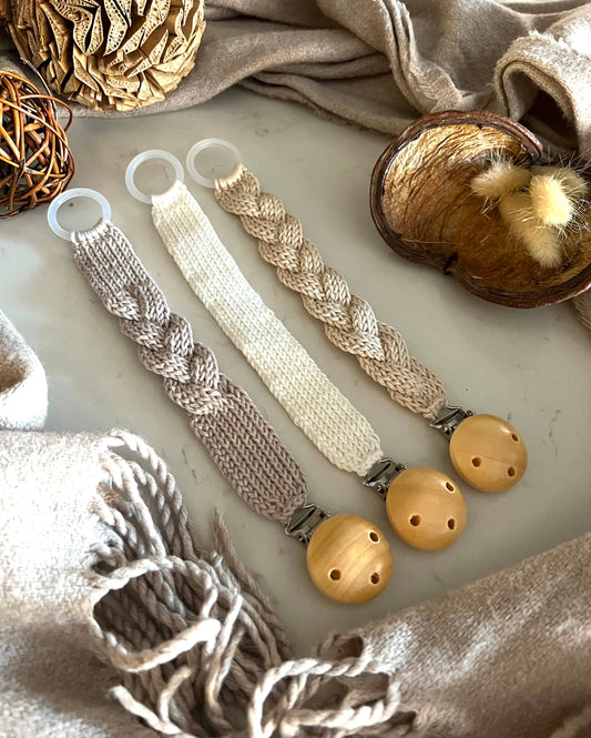 3 Crochet patterns, Pacifier holder with knit texture, Braided Pacifier holder, pacifier clip.