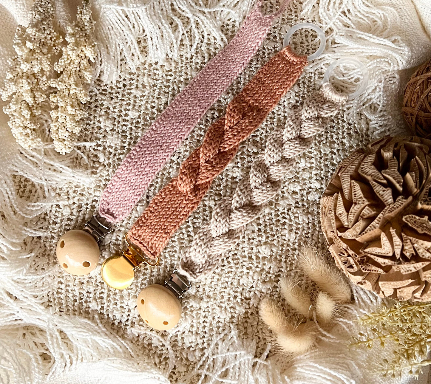 3 Crochet patterns, Pacifier holder with knit texture, Braided Pacifier holder, pacifier clip.