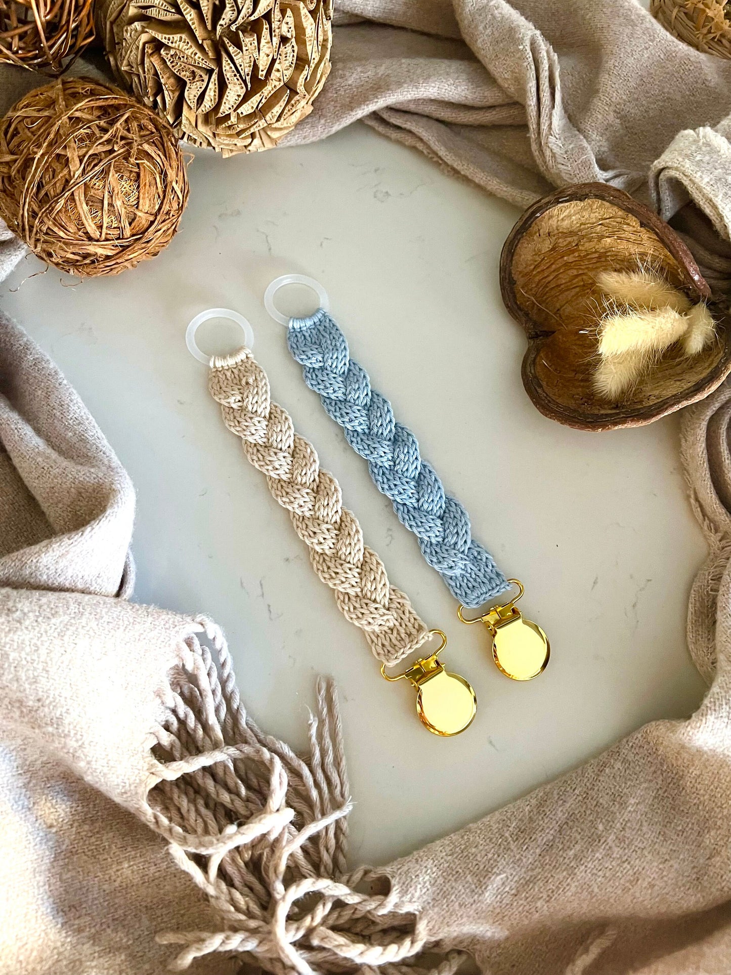 3 Crochet patterns, Pacifier holder with knit texture, Braided Pacifier holder, pacifier clip.